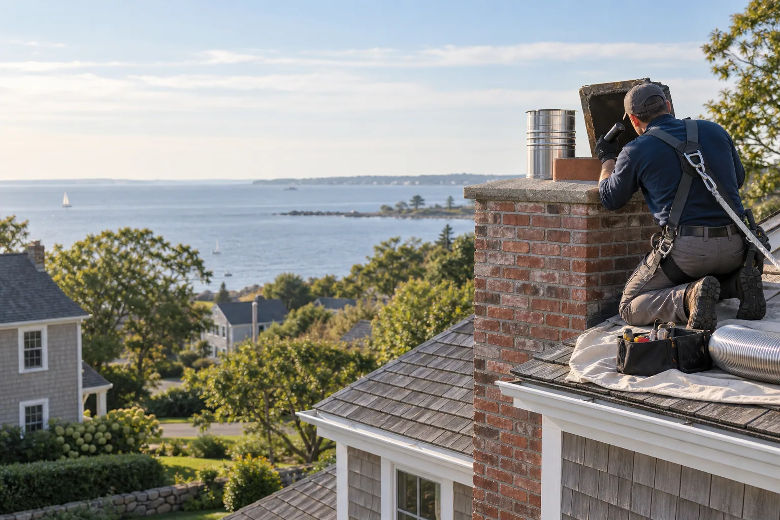 Chimney technician inspecting a coastal Fairfield Connecticut home